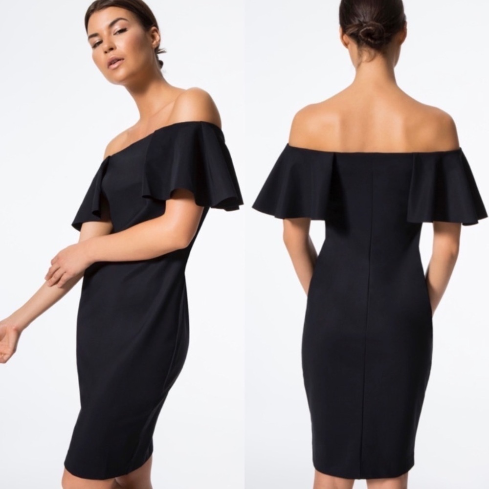 Carbon38 Ruffle Off The Shoulder Scuba Dress in Black
